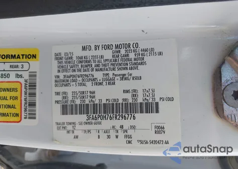 2015 Ford Fusion Se z USA, uszkodzony, nr VIN 3FA6P0H76FR296776